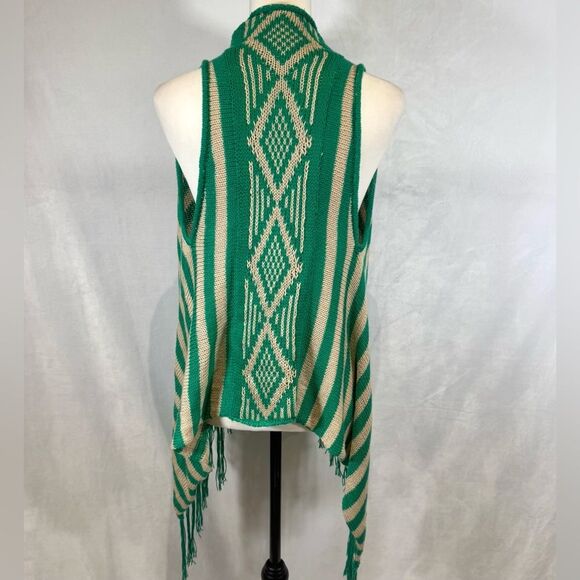 Kelly green and tan tassels cardigan sweater vest size s/m NWOT - Picture 4 of 5
